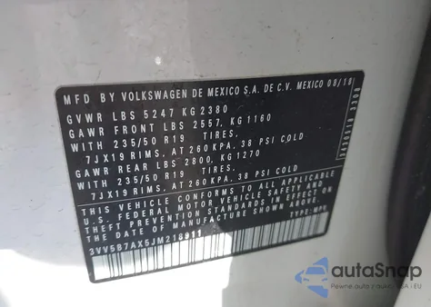 2018 Volkswagen Tiguan 2.0T Sel Premium z USA, uszkodzony, nr VIN 3VV5B7AX5JM218911